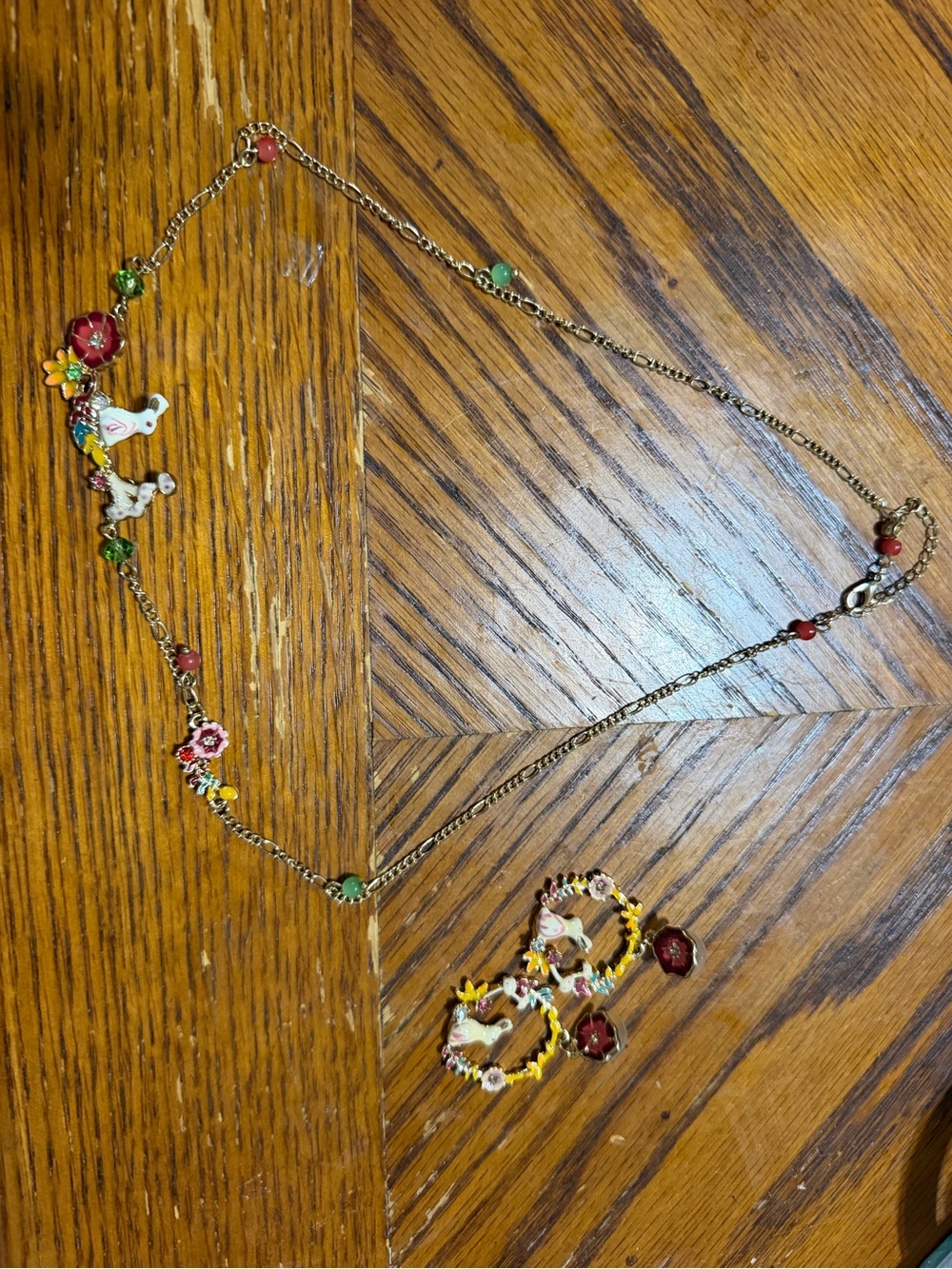 Enamel Floral and Bunny Pendant Necklace in Gold-Tone with Multi Color Accents